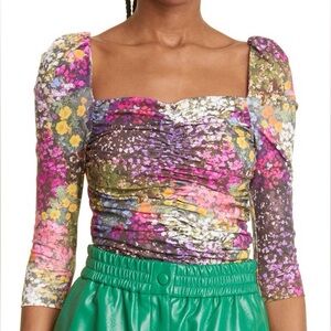 ROTATE Birger Christensen ‘Freja’ Floral Ruched Fitted Blouse, Size 8